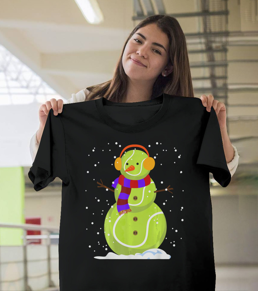 Dabbing Tennis Ball Snowman With Scarf And Earmuffs T-Shirt