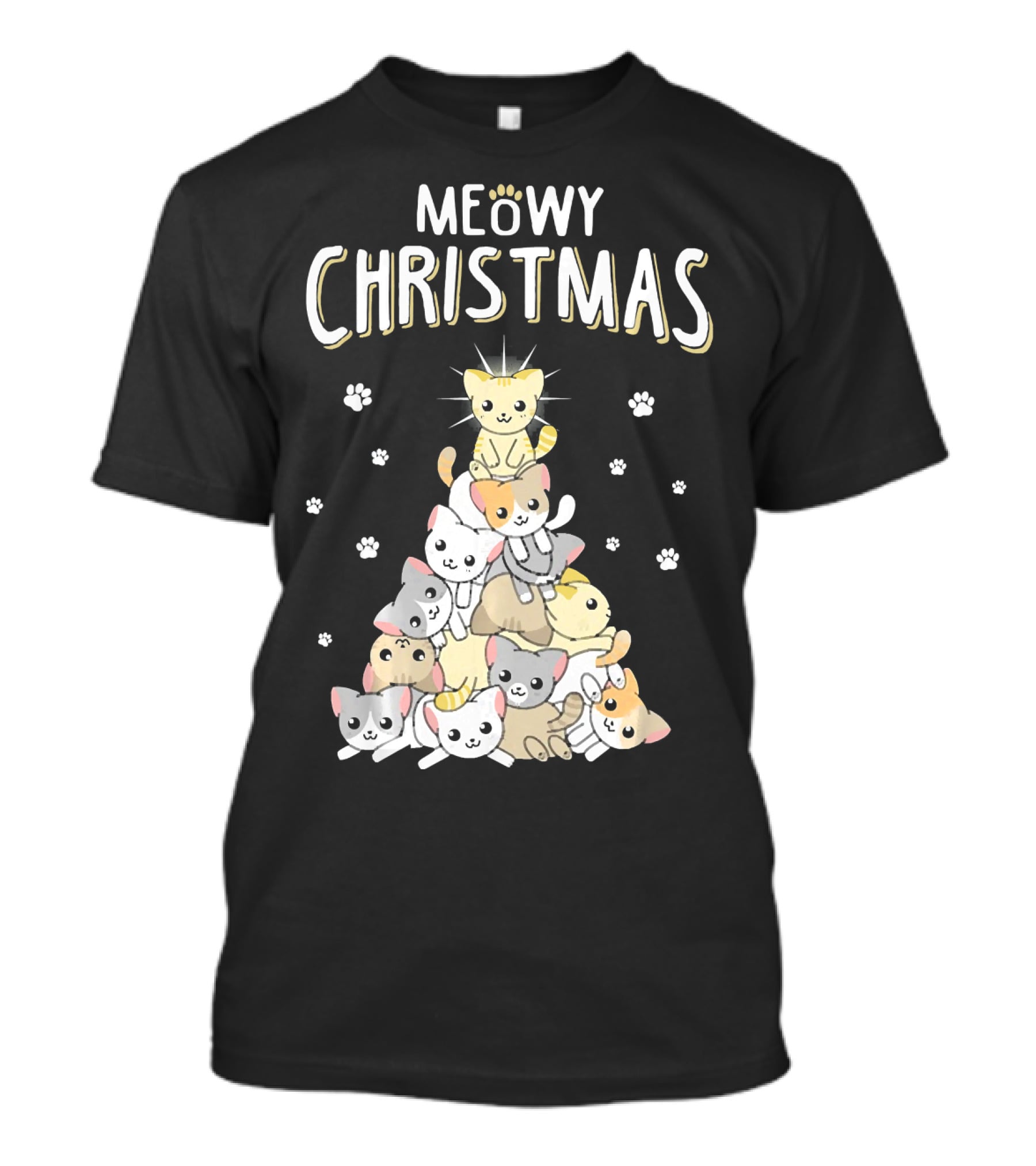Meowy Christmas Cats Tree With Cute Paw Prints T-Shirt