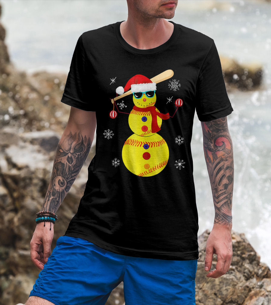 Christmas Softball Snowman With Bat And Santa Hat T-Shirt