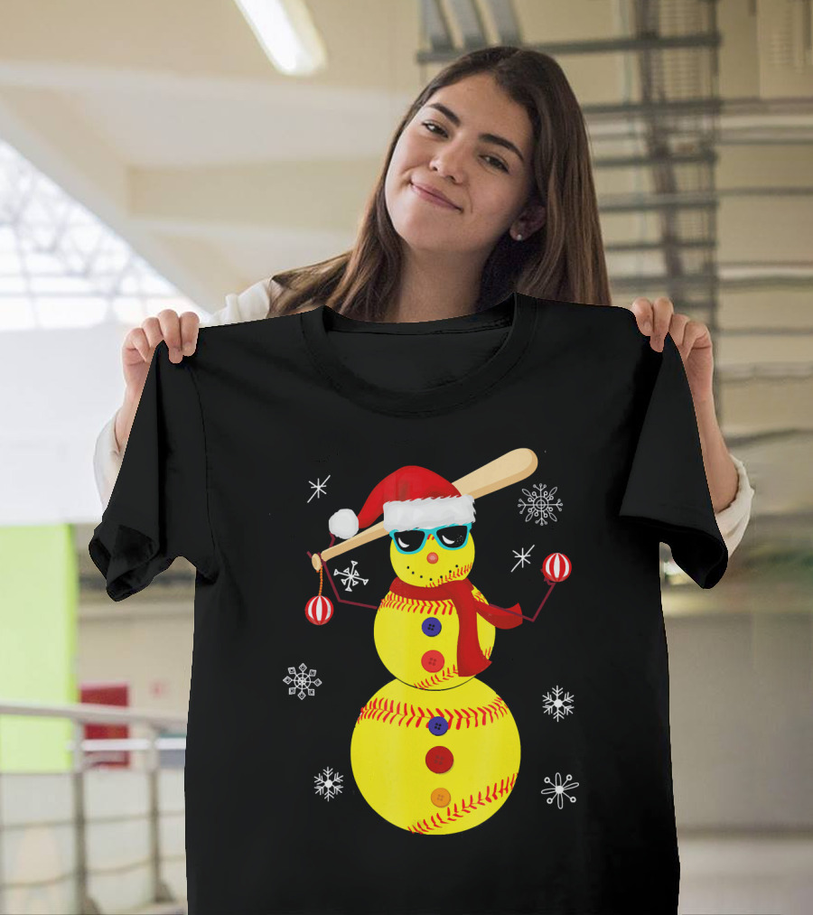 Christmas Softball Snowman with Bat and Santa Hat T-Shirt