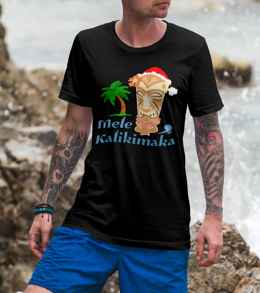 Mele Kalikimaka Hawaiian Christmas Tiki With Palm Tree And Santa Hat T-Shirt