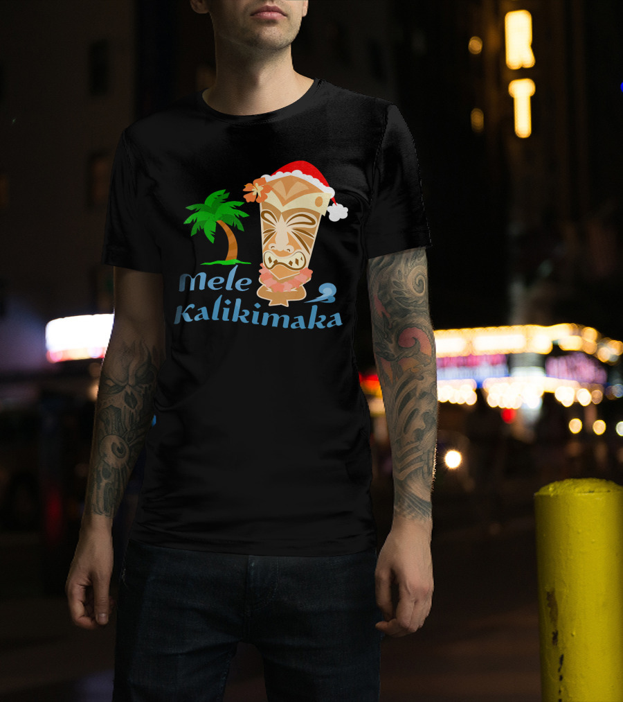 Mele Kalikimaka Hawaiian Christmas Tiki With Palm Tree And Santa Hat T-Shirt