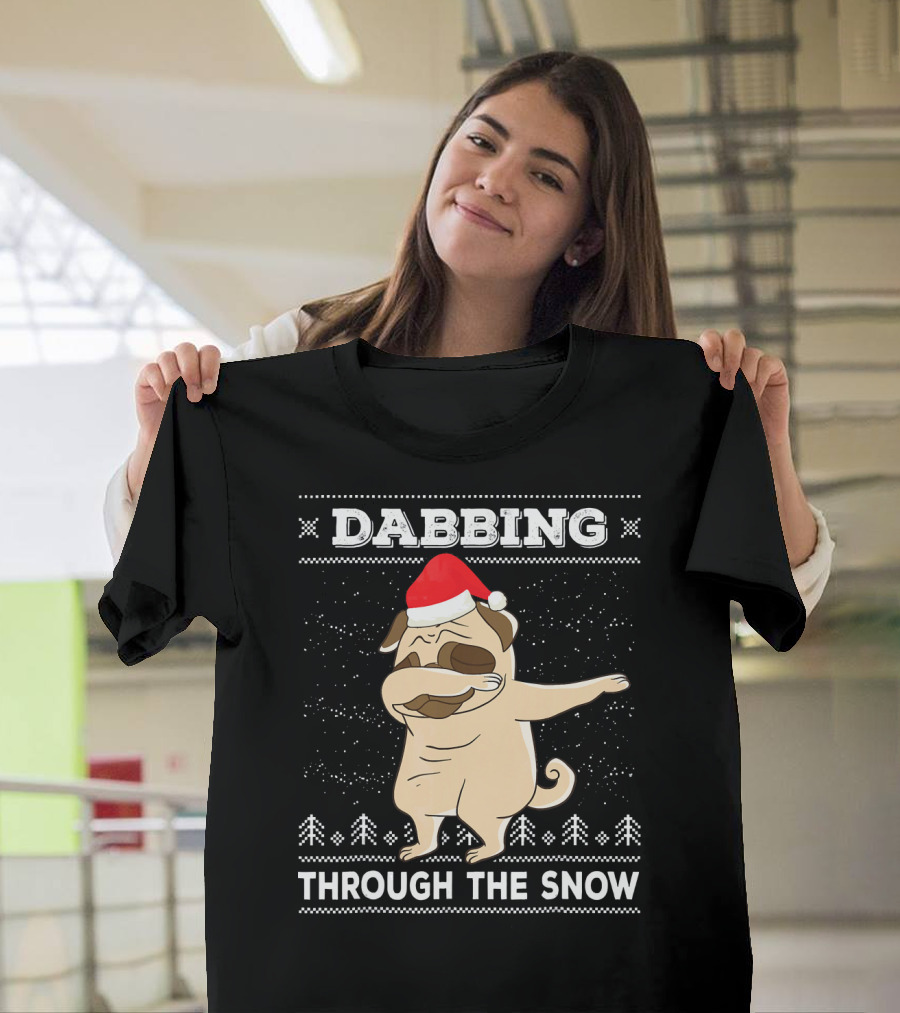 Dabbing Pug Through The Snow Santa Hat T-Shirt