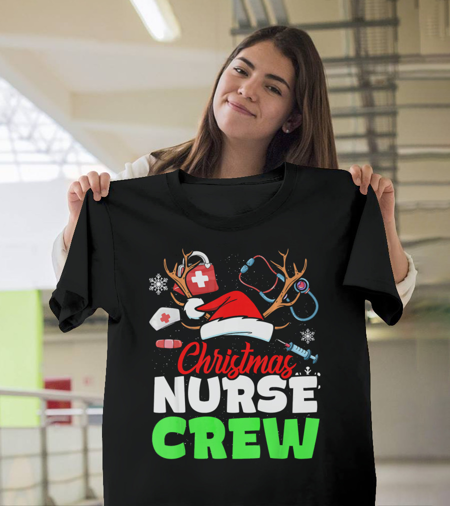 Christmas Nurse Crew Reindeer Antlers Stethoscope Santa Hat Snowflakes T-Shirt