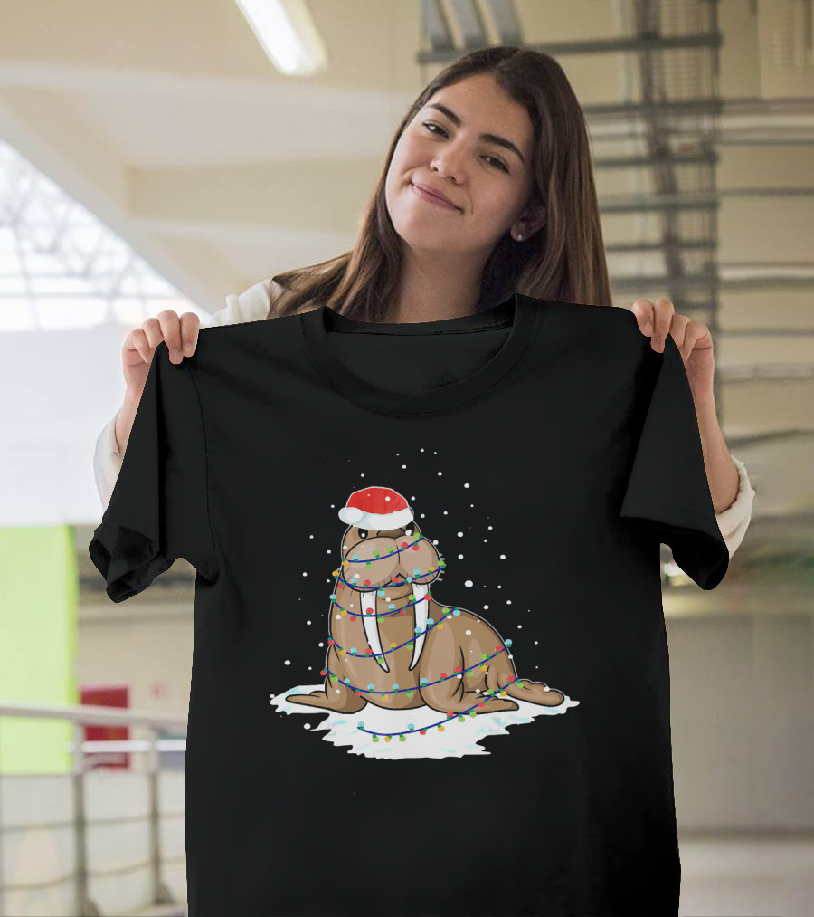 Walrus Wrapped In Christmas Lights With Santa Hat On Snow T-Shirt