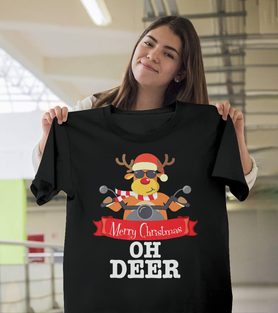 Merry Christmas Oh Deer Reindeer Motorcycle Santa Hat T-Shirt