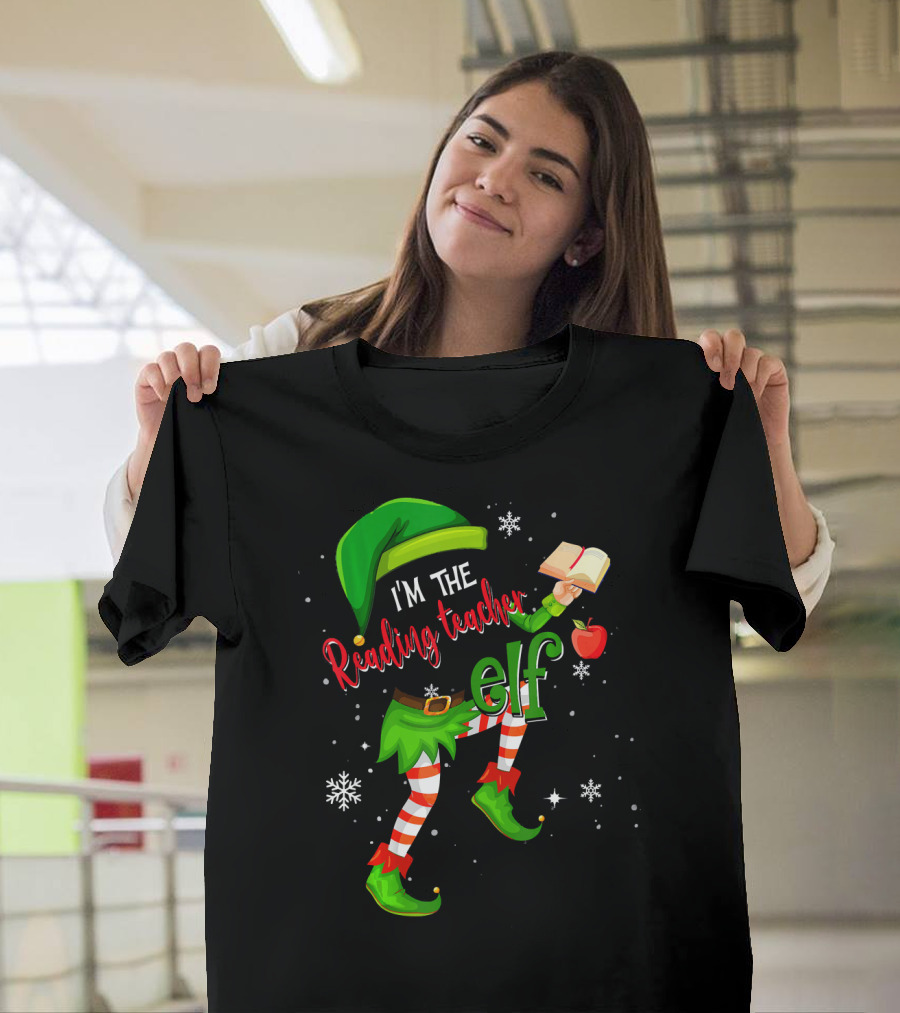 I'm The Reading Teacher Elf Holding Book Apple Wearing Elf Outfit Snowflakes T-Shirt