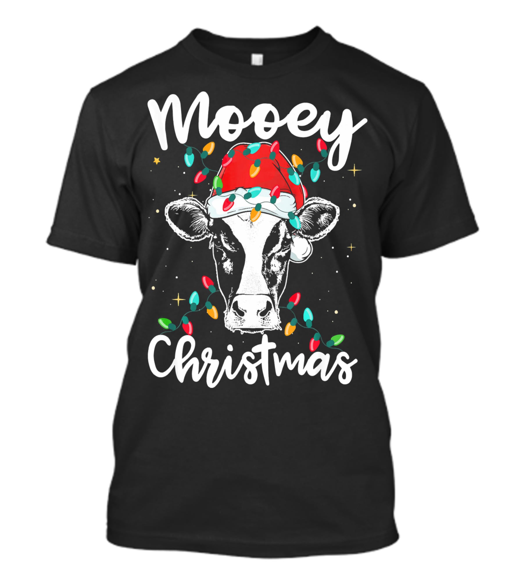Mooey Christmas Cow With Santa Hat And Christmas Lights T-Shirt