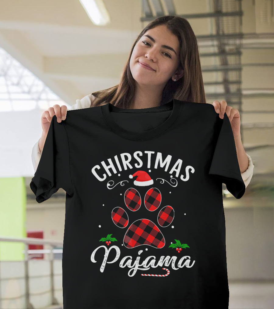 Buffalo Plaid Christmas Pajama Paw Holiday Hat T-Shirt