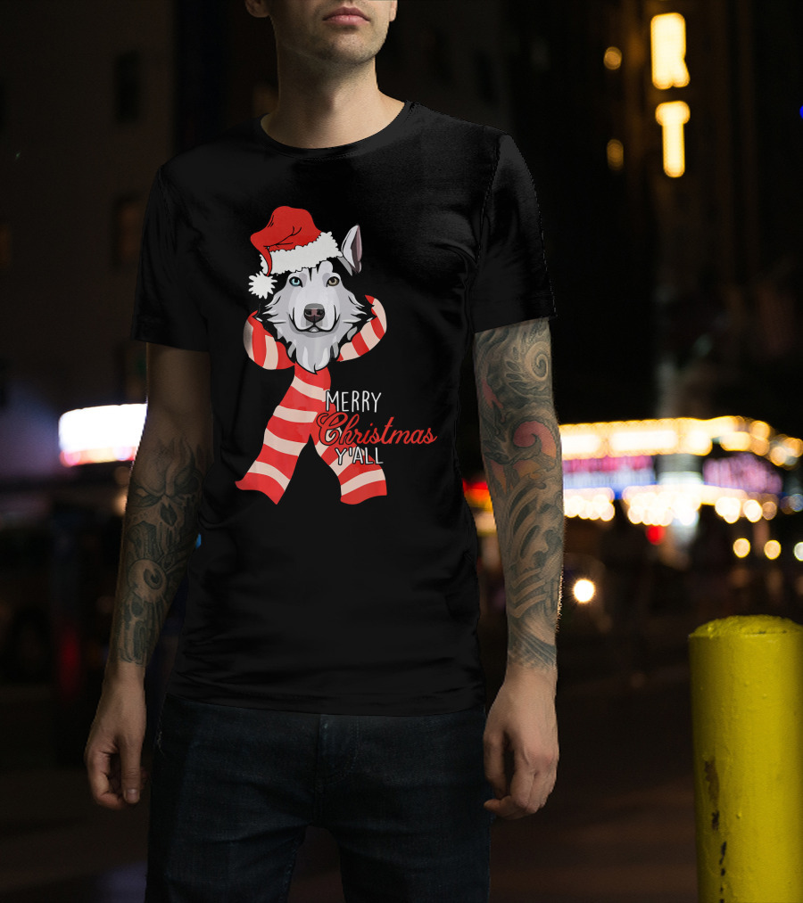 Merry Christmas Y'all Husky Dog In Santa Hat And Scarf T-Shirt