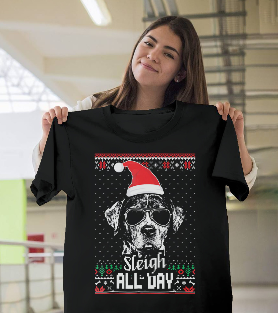 Sleigh All Day Funny Catahoula Cur Christmas Dog With Santa Hat And Sunglasses T-Shirt