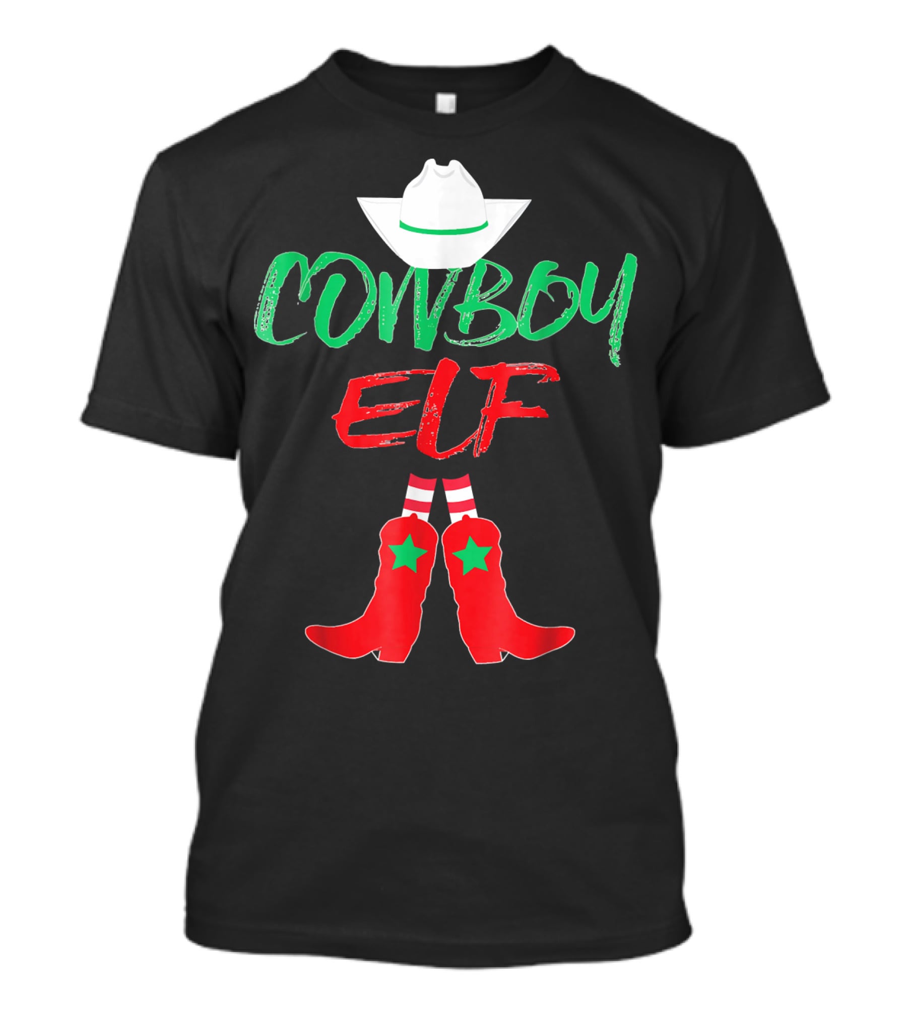 Cowboy Elf Christmas Hat Boots Men's Funny Holiday T-Shirt