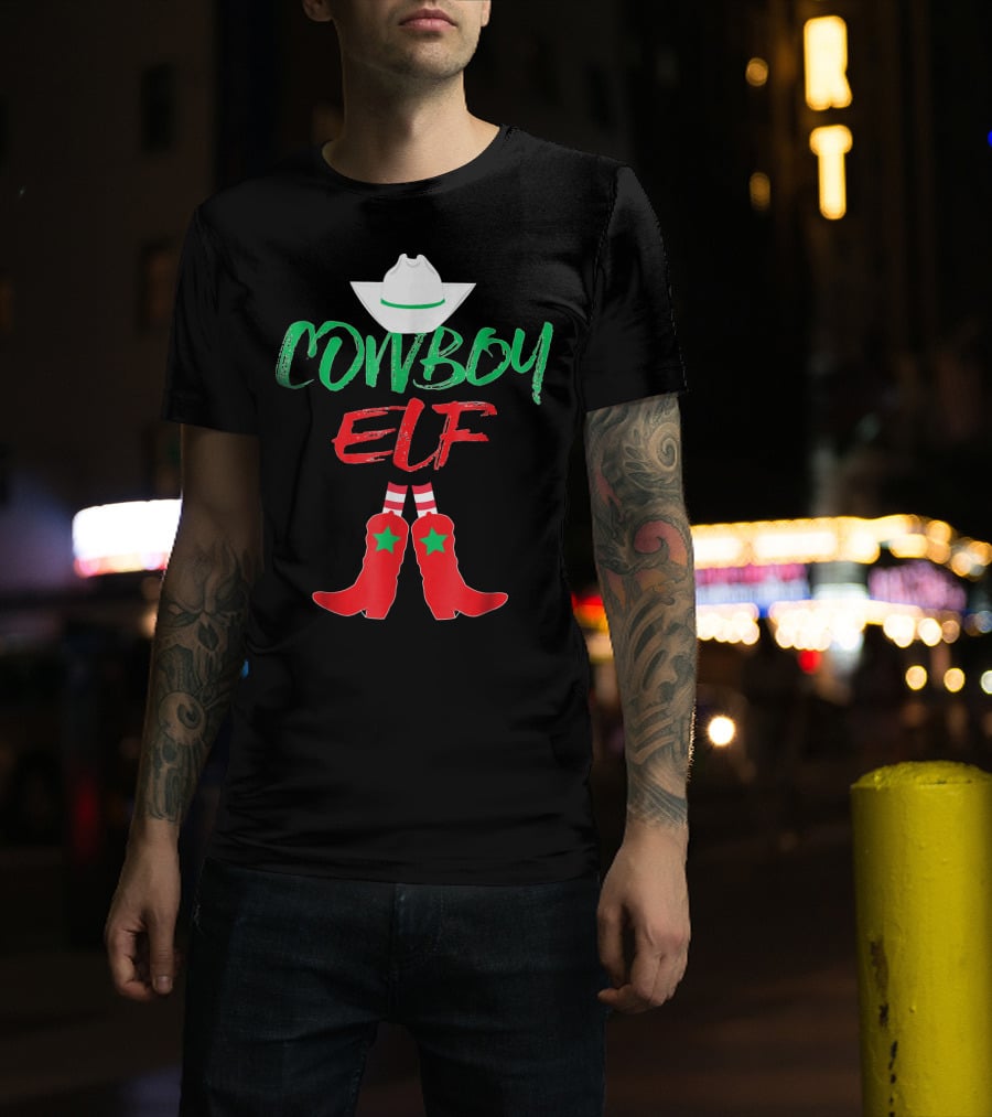 Cowboy Elf Christmas Hat Boots Men's Funny Holiday T-Shirt