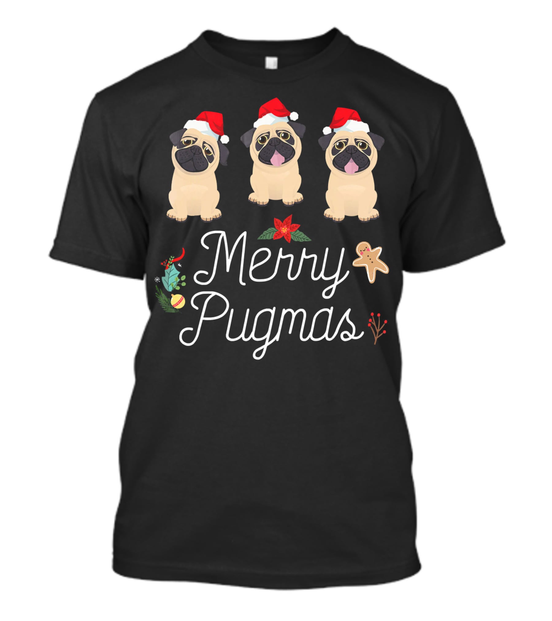 Merry Pugmas Christmas Pugs With Santa Hats And Holiday Decorations T-Shirt