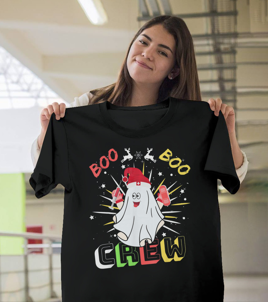 Boo Boo Crew Christmas Nurse Ghost with Bandages and Reindeer T-Shirt