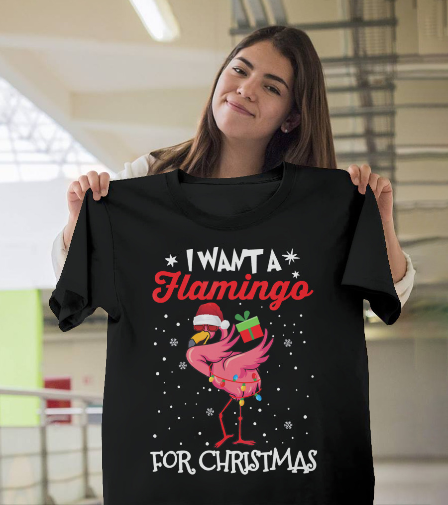 I Want A Flamingo For Christmas Santa Hat Lights Snowflakes Gift Box T-Shirt