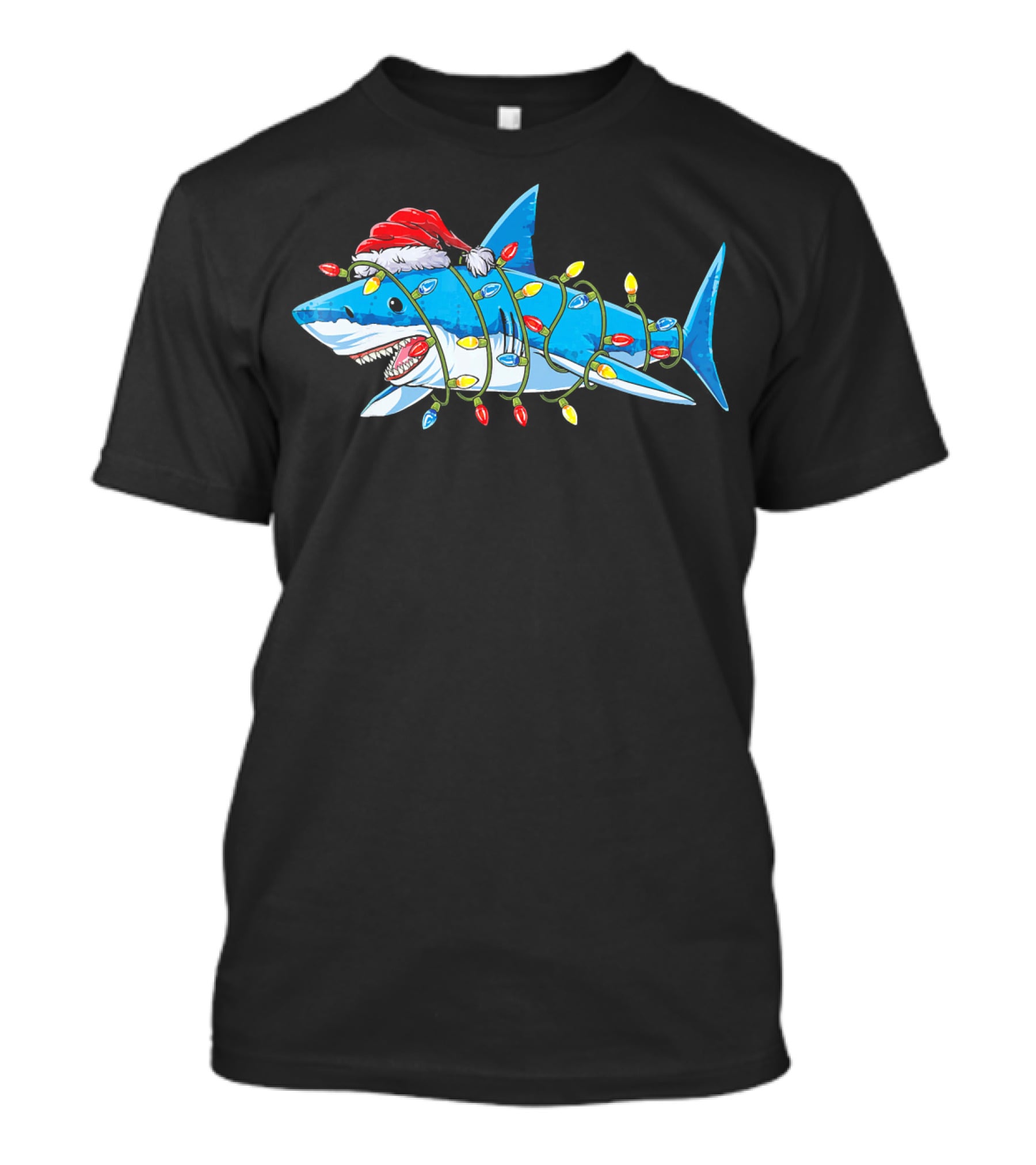 Christmas Shark With Santa Hat And Holiday Lights T-Shirt