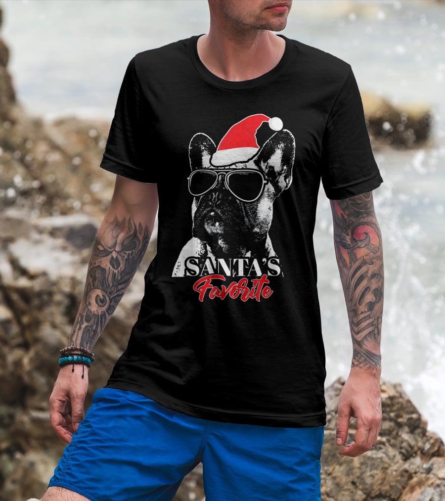 Santa's Favorite French Bulldog Wearing Sunglasses And Hat T-Shirt