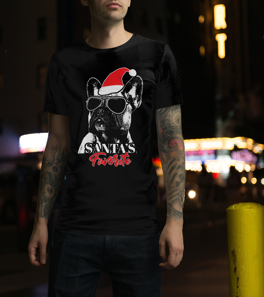 Santa's Favorite French Bulldog Wearing Sunglasses And Hat T-Shirt
