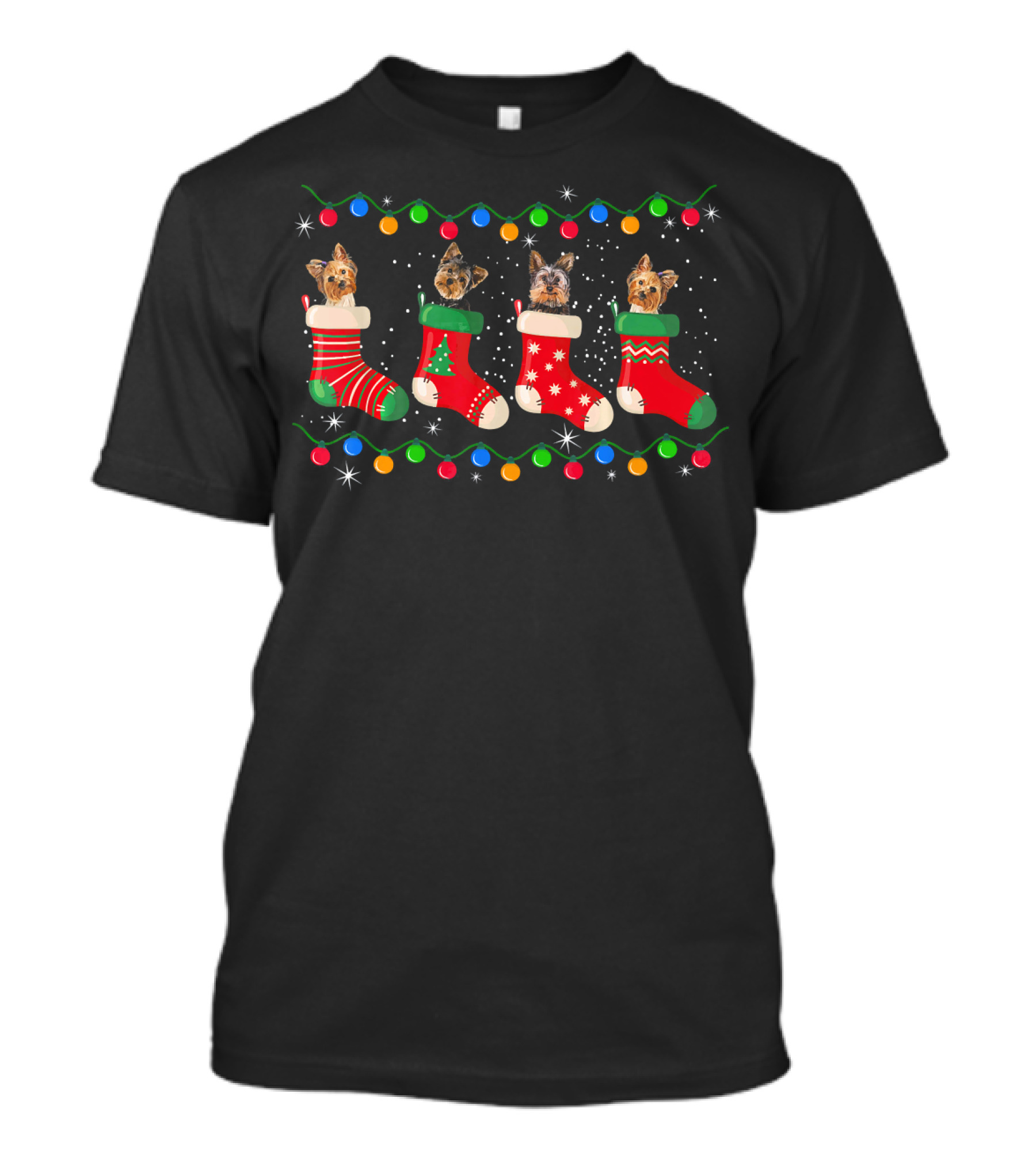 Christmas Yorkie Dogs In Festive Stockings With Holiday Lights T-Shirt