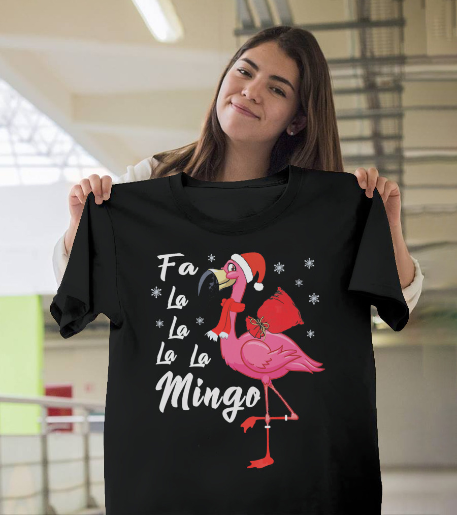 Fa La La La La Mingo Flamingo Santa Hat Snowflakes T-Shirt