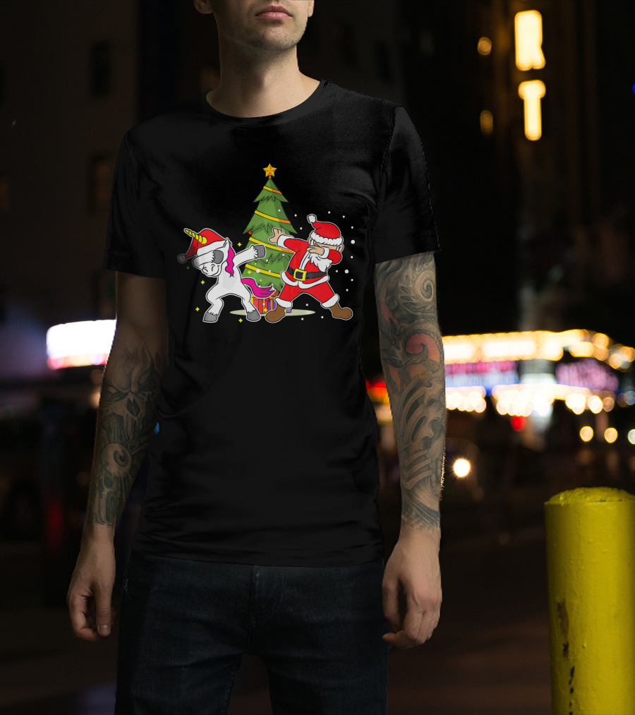Dabbing Unicorn Xmas Christmas Santa Dance By Tree T-Shirt