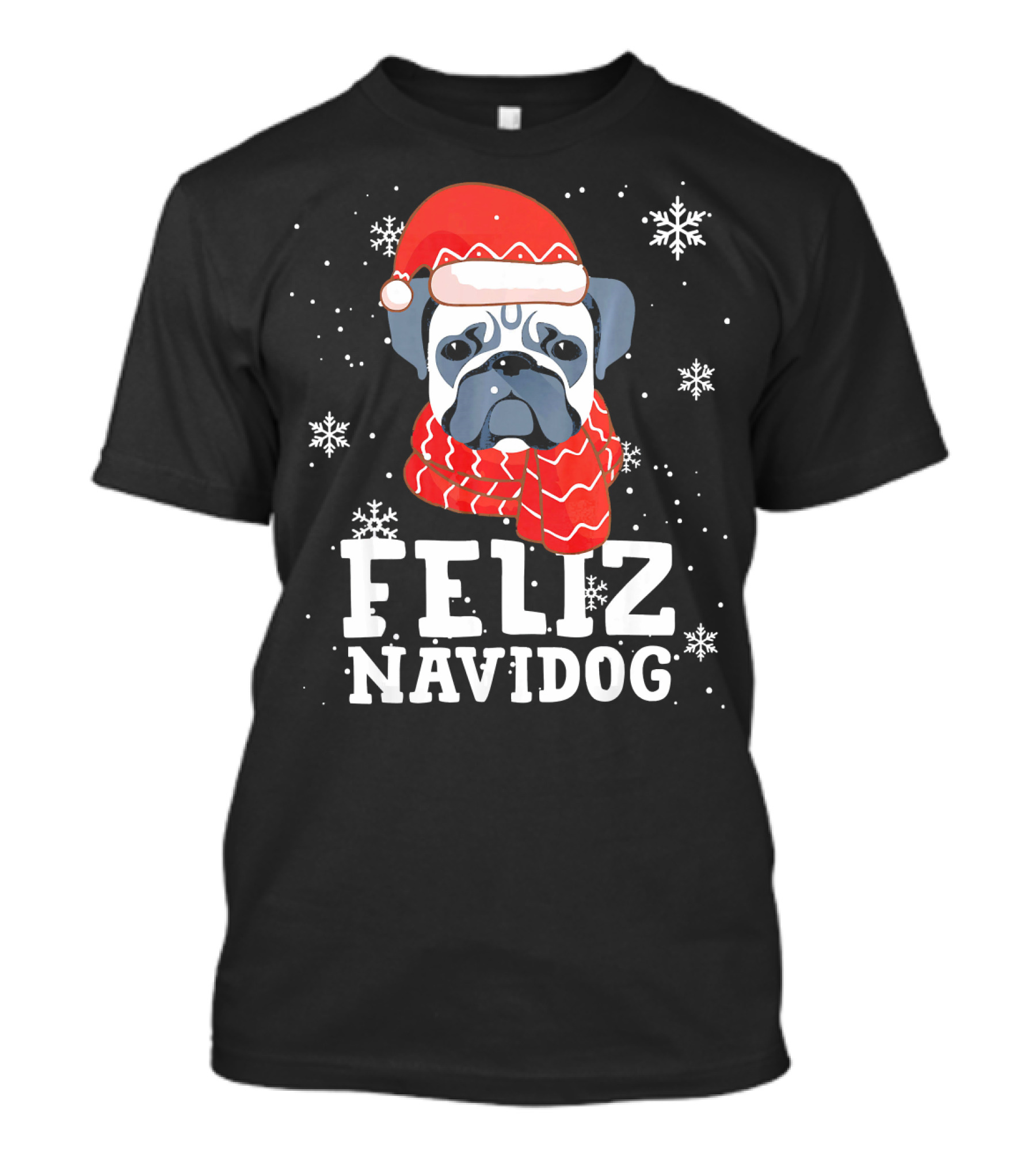 Feliz Navidog Pug Dog With Santa Hat And Scarf Snowflakes T-Shirt