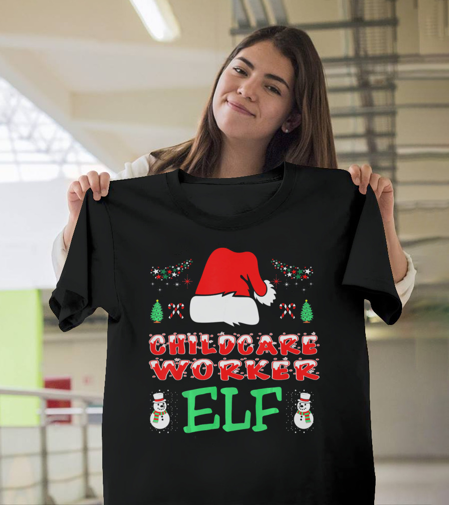 Childcare Worker Elf Santa Hat Candy Canes Snowmen Christmas Trees T-Shirt
