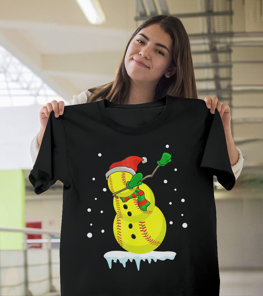Dabbing Snowman Softball Christmas Fun T-Shirt