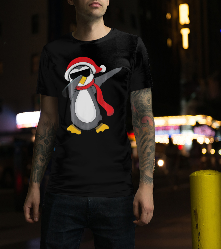 Dabbing Penguin Christmas Mornin Santa Hat Scarf Holiday Fun T-Shirt