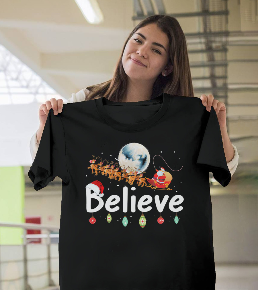 Believe Santa Sleigh Reindeer Moon Christmas Xmas T-Shirt