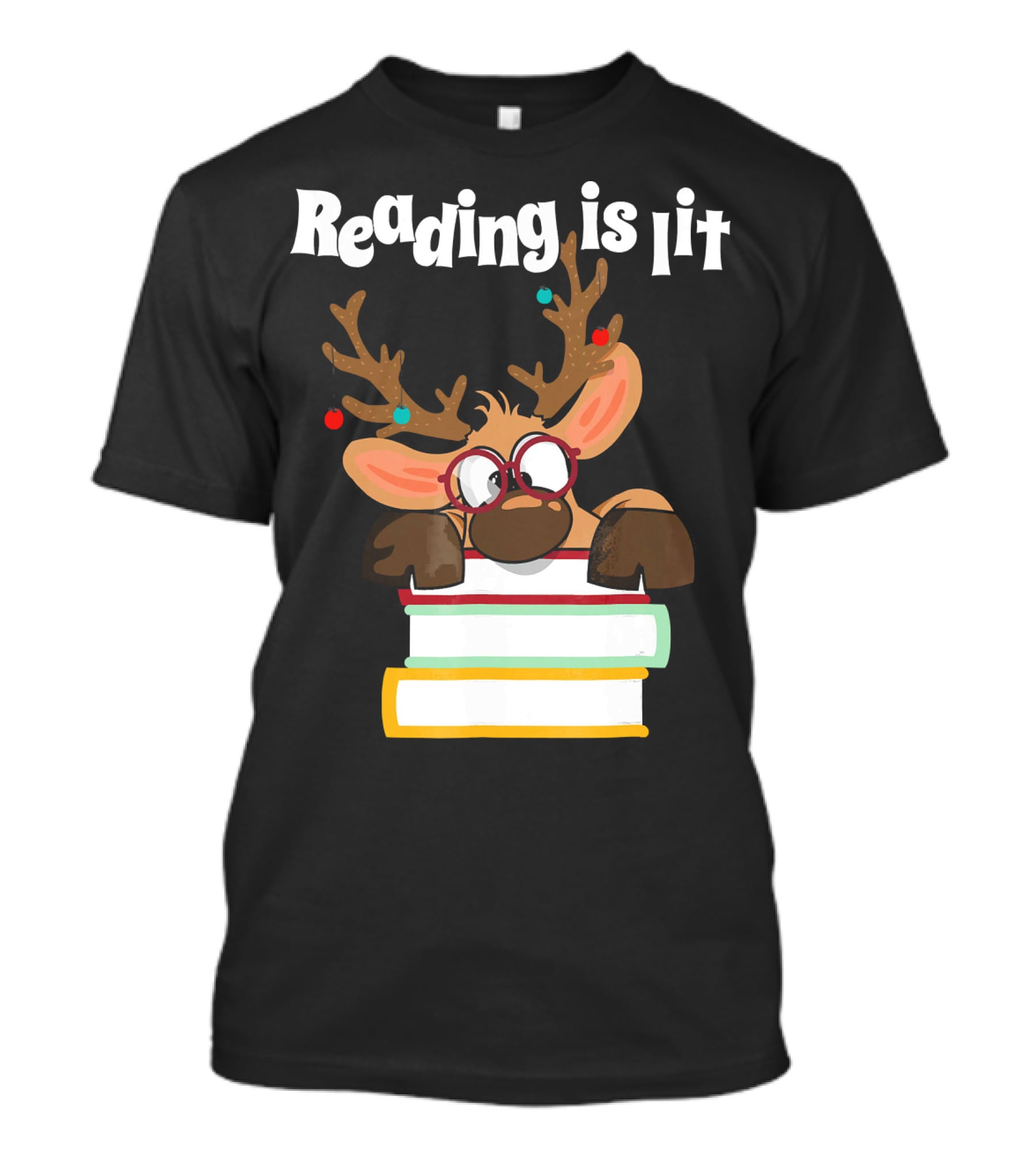 Reading Is Lit Reindeer With Books And Glasses T-Shirt