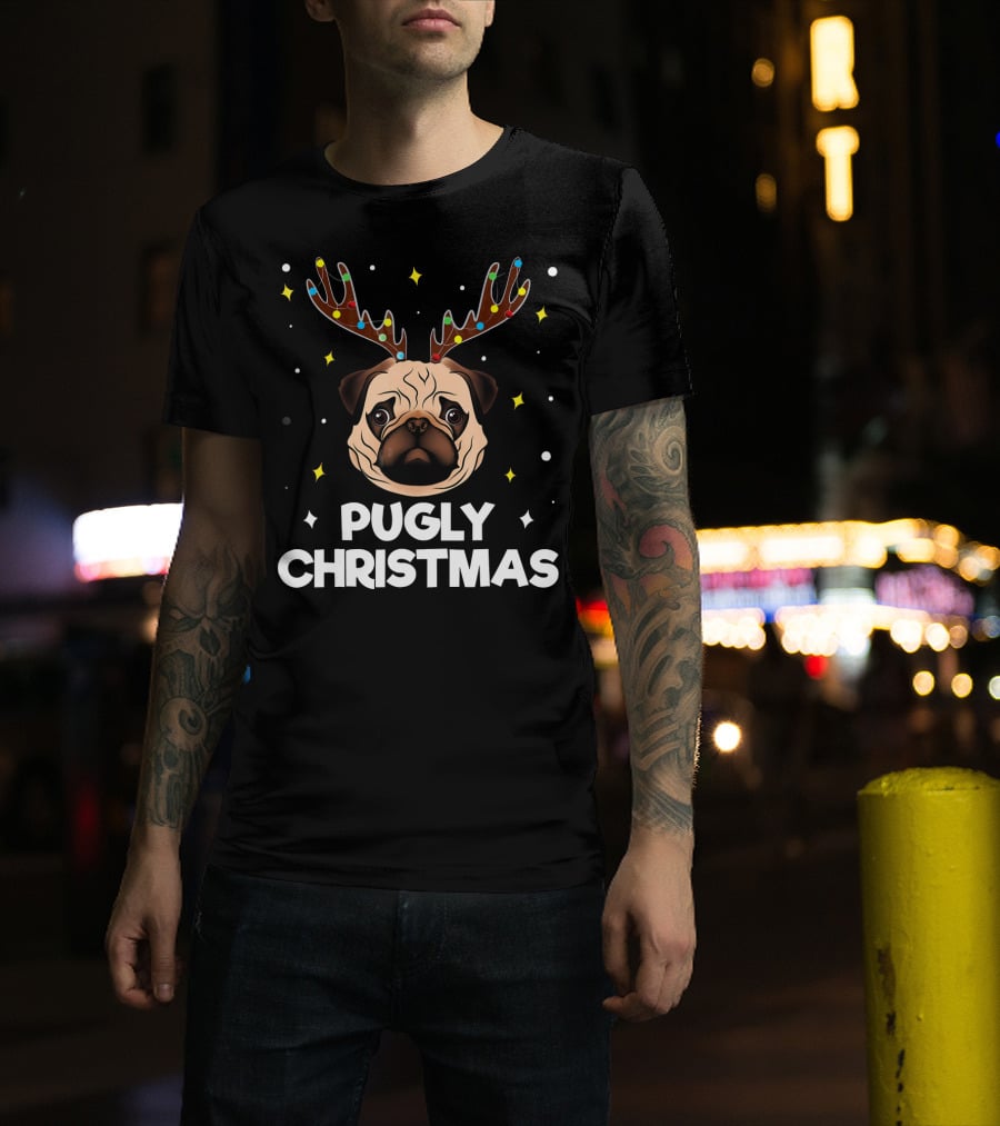Pugly Christmas Pug Lover Me Reindeer Lights T-Shirt