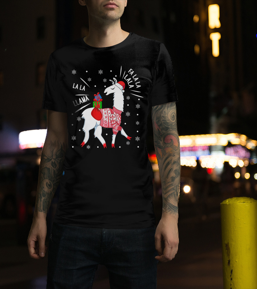 Fa La La Fa La La La La Llama Christmas Santa Hat Sweater Snowflakes T-Shirt