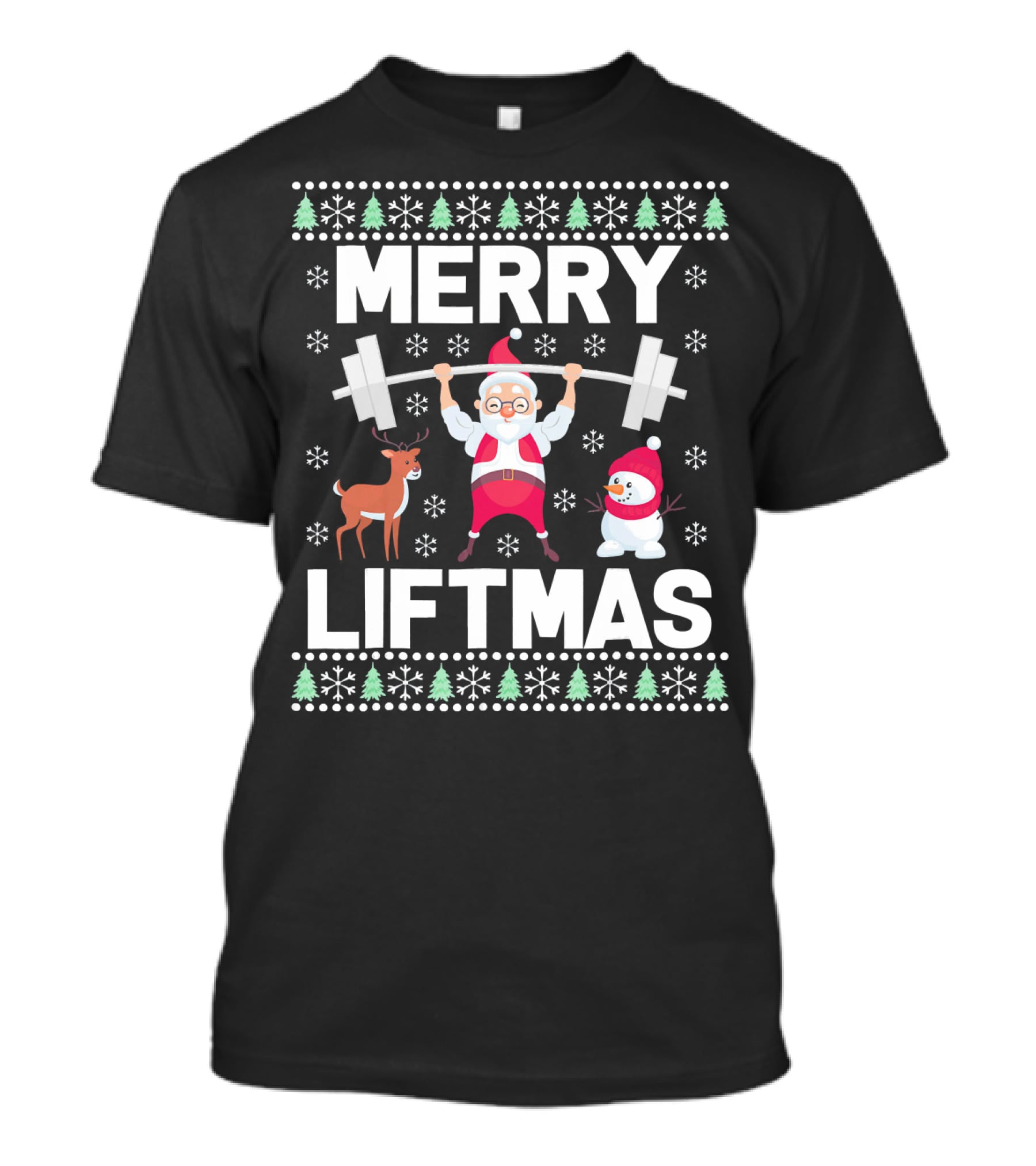 Merry Liftmas Santa Lifting Weights With Reindeer Snowman Christmas T-Shirt
