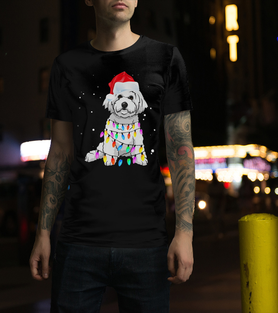 Bichon Frise With Christmas Lights And Santa Hat T-Shirt