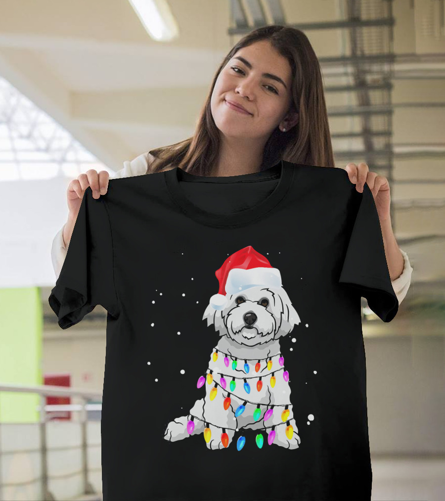 Bichon Frise With Christmas Lights And Santa Hat T-Shirt
