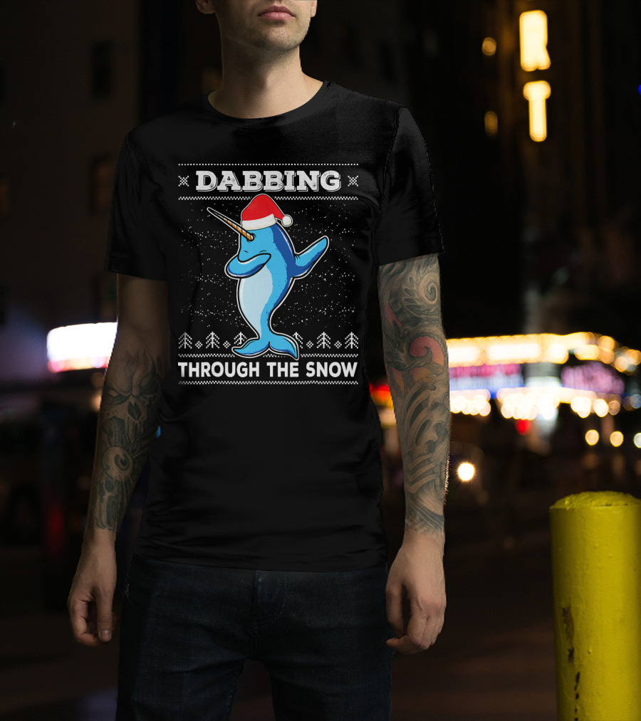 Dabbing Through The Snow Narwhal With Santa Hat T-Shirt