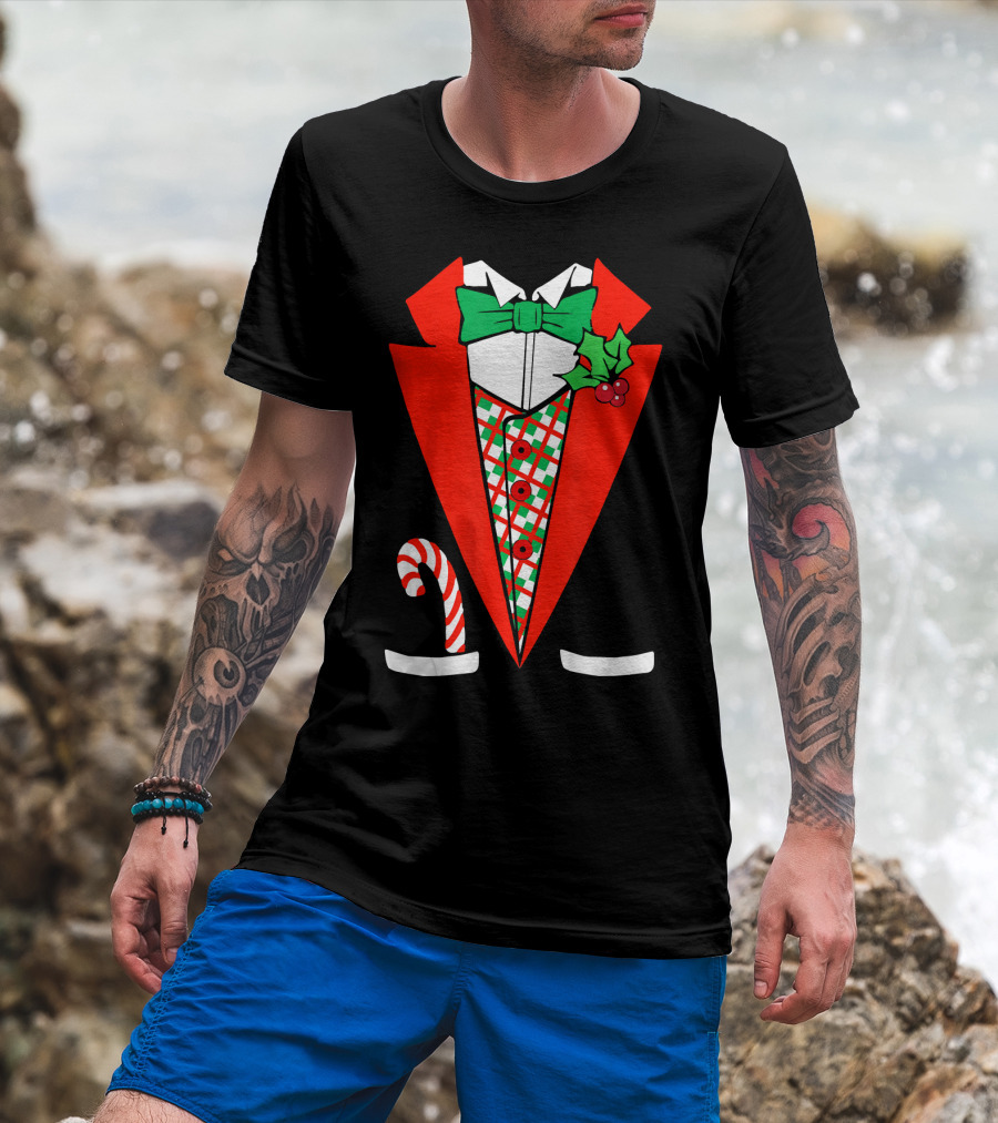 Candy Cane Green Red Tuxedo With Holly Bow Tie T-Shirt