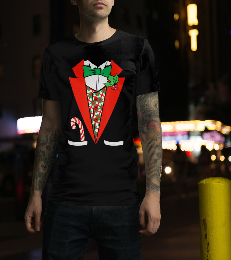 Candy Cane Green Red Tuxedo With Holly Bow Tie T-Shirt