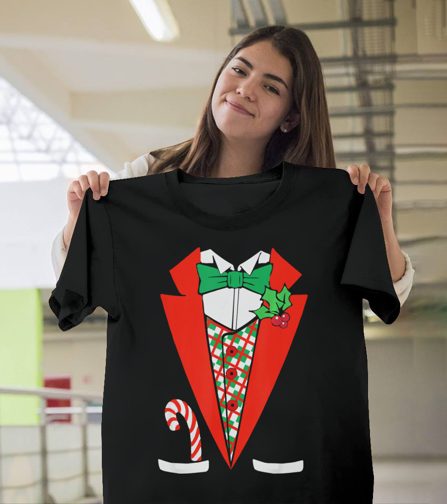 Candy Cane Green Red Tuxedo With Holly Bow Tie T-Shirt
