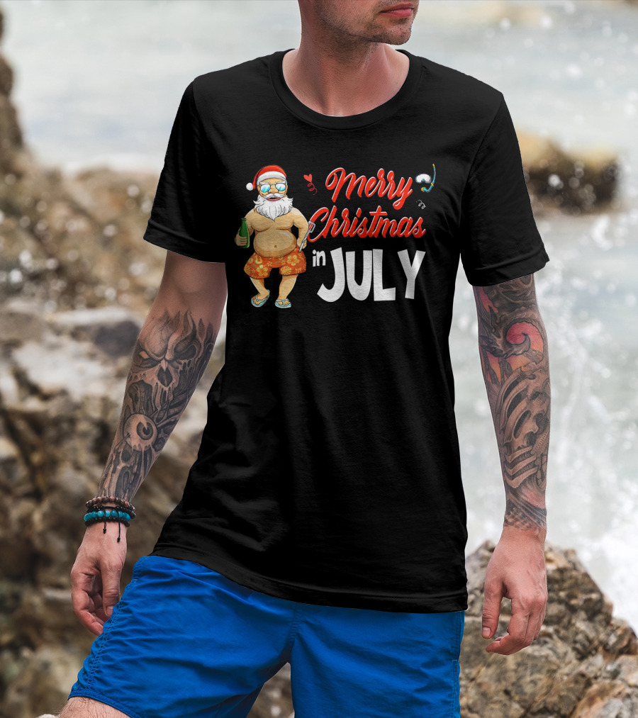 Merry Christmas In July Santa Claus Summer Beach Vibes T-Shirt