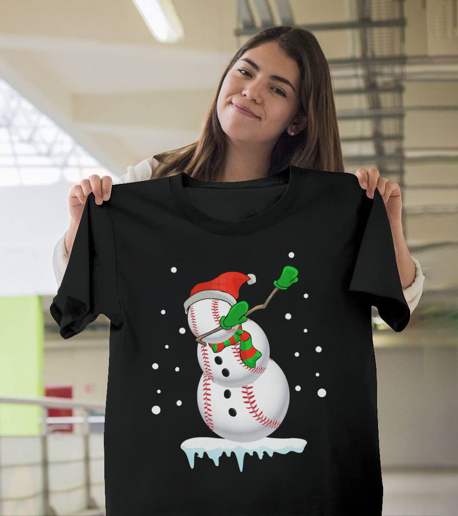 Dabbing Snowman Baseball Christmas Fun T-Shirt