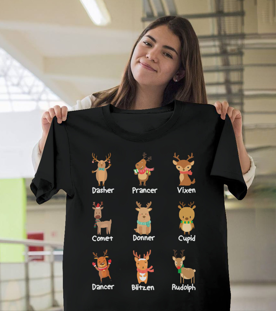 Santa's Reindeer Dasher Prancer Vixen Comet Donner Cupid Dancer Blitzen Rudolph Merry T-Shirt