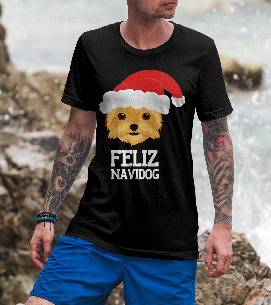 Feliz Navidog Merry Christmas Yorksh Dog Santa Hat T-Shirt