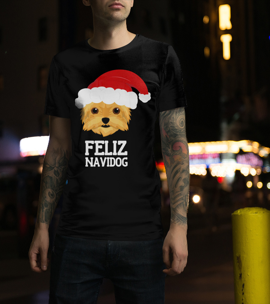 Feliz Navidog Merry Christmas Yorksh Dog Santa Hat T-Shirt