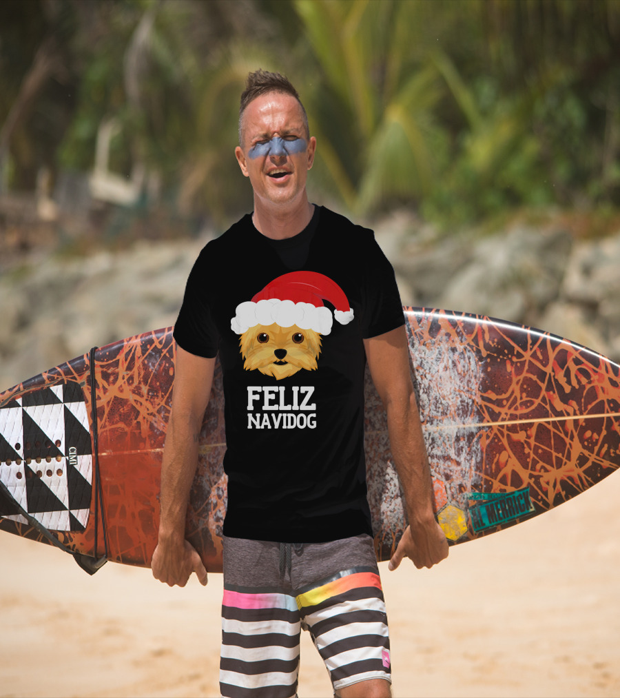 Feliz Navidog Merry Christmas Yorksh Dog Santa Hat T-Shirt