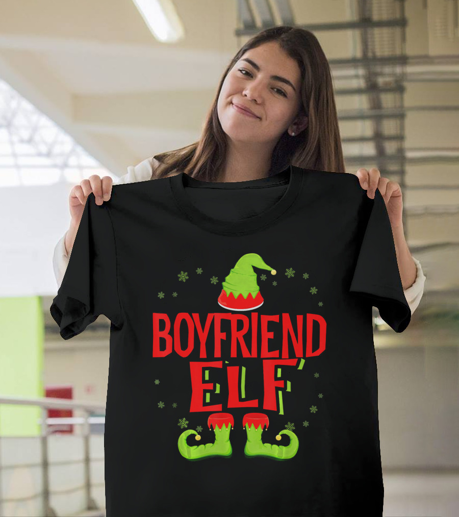 BOYFRIEND ELF Christmas Hat Boots Snowflakes T-Shirt