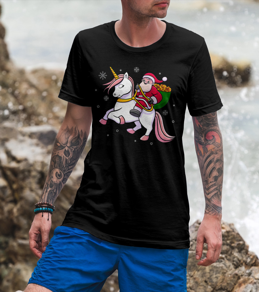 Santa Riding Unicorn With Presents For Cute Girls T-Shirt