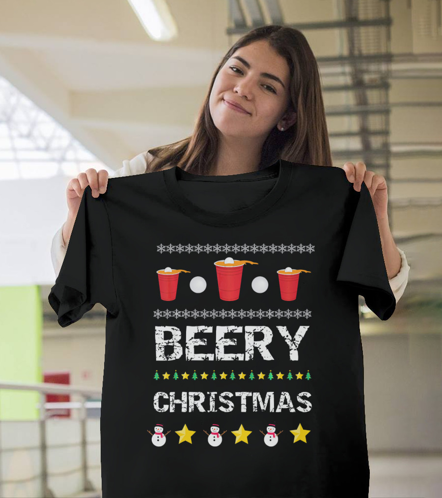 Beery Christmas Beer Pong Snowflakes Stars and Snowmen T-Shirt